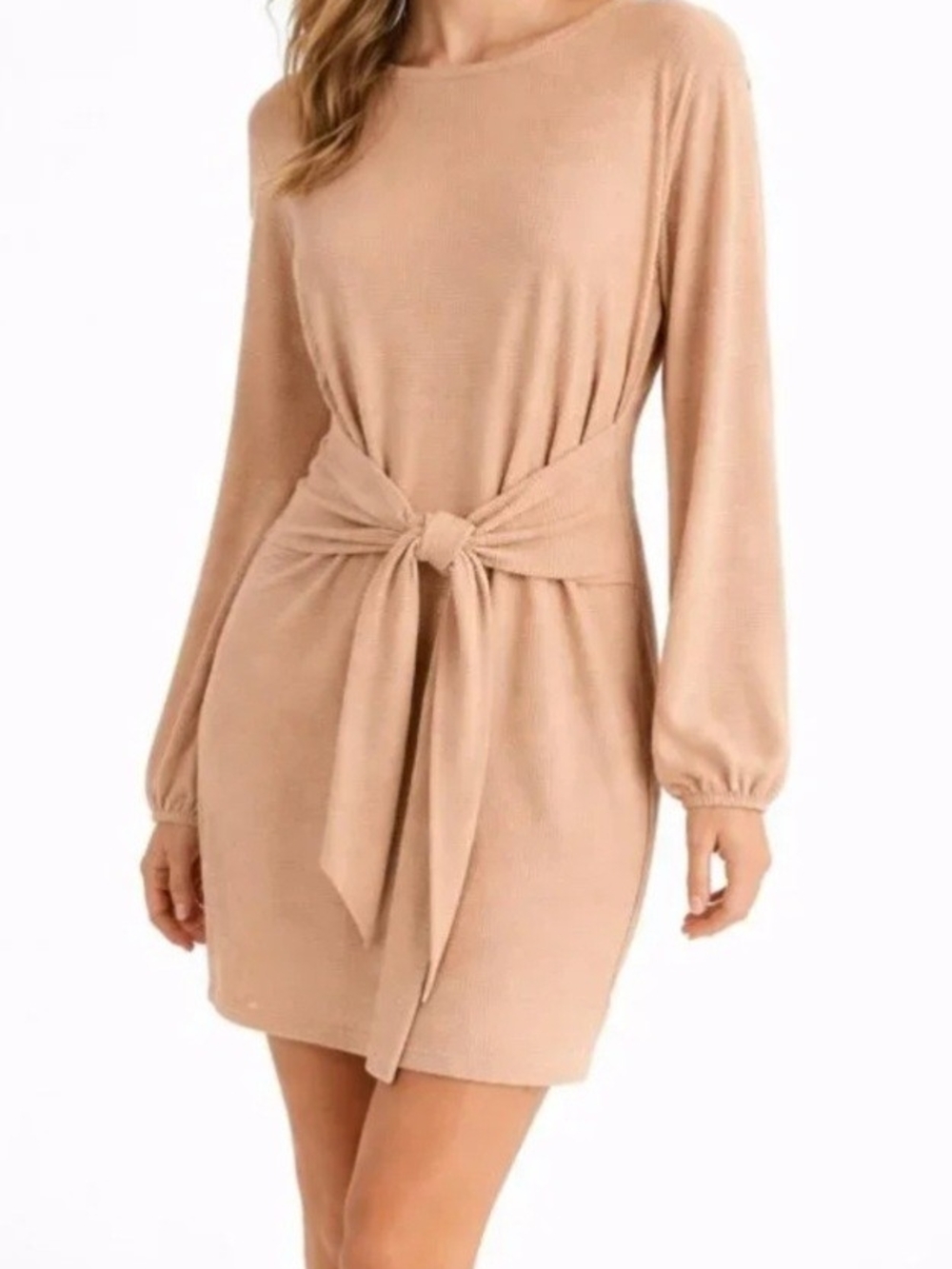 Lionstill Beige Waffle Knit Tie Front Dress Large Long Sleeve